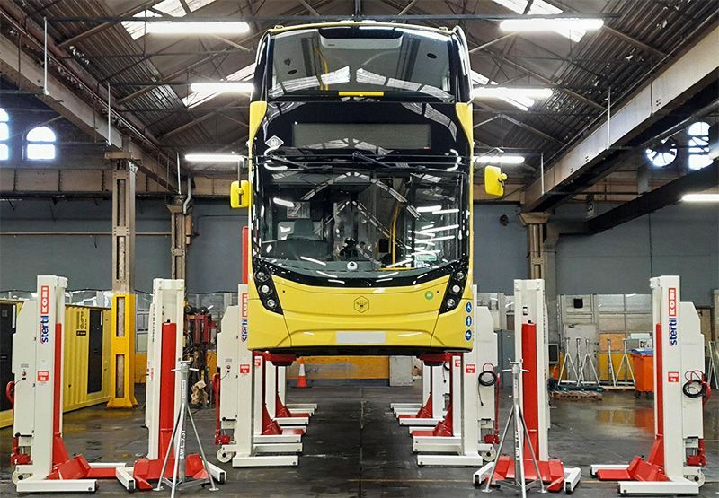 Stagecoach bus lifted with Stertil-Koni column lifts